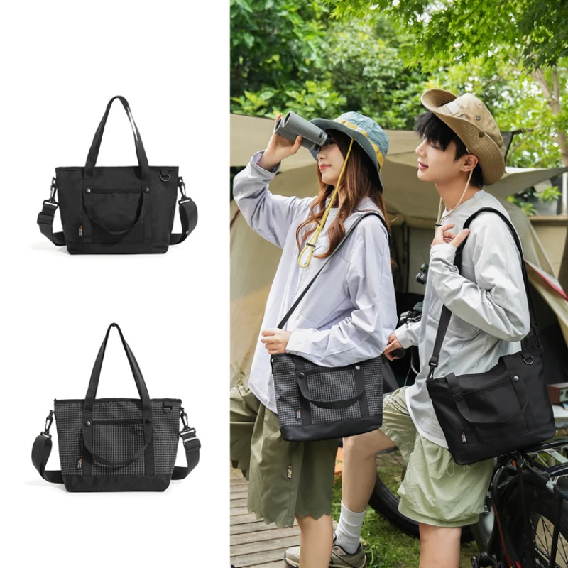 Men Nylon Crossbody Bag Large Capacity Plaid Handbag Lightweight Work Tote Bag Student School bag