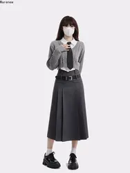 Women Harajuku Vintage 3 Pieces Set Women Grey Cardigan + A-line Pleated Skirt + White Shirt Preppy Style Three Piece Skirt Set