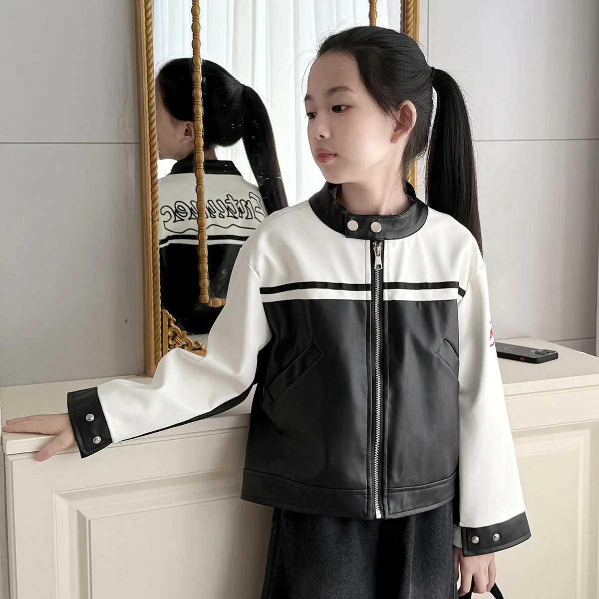 

Винтажная куртка ветрозащитная искусственная кожа для девочек-подростков контрастного цвета на молнии пальто детская одежда кардиган от 6 до 16 лет