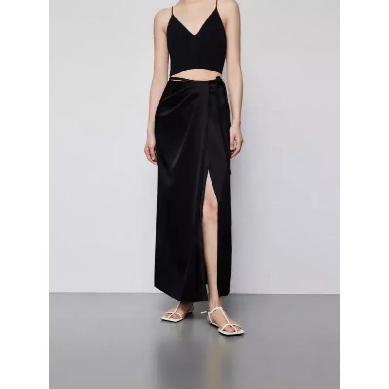 Pop 24 New Designer Style Single Piece Double Sided Silk Vintage Drawstring High Side Slit Bodycon Skirt Trendy Fashion Ladies O