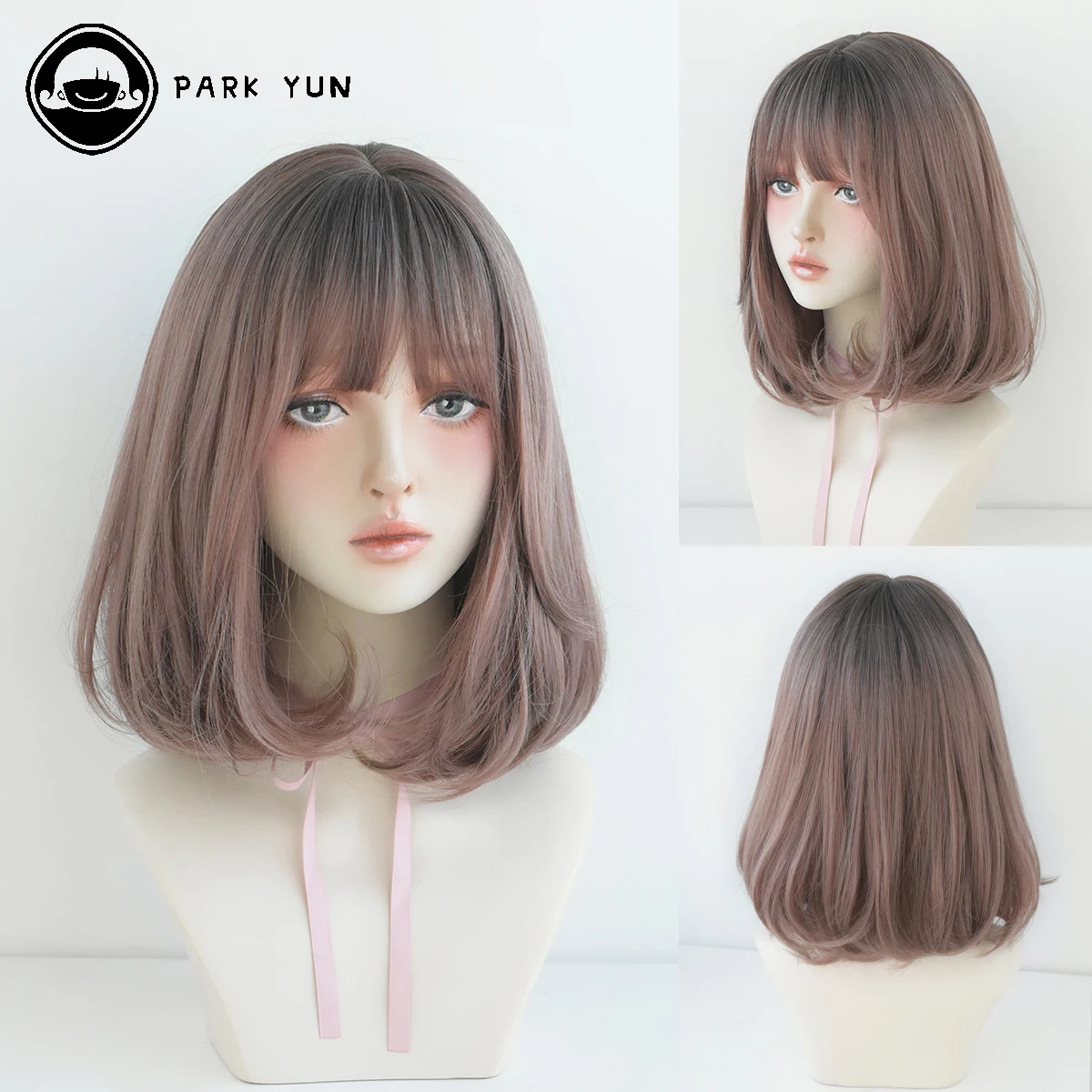 วิกผมสั้นตรงวิกผมบ็อบกับ Bangs สีน้ำตาลสีชมพูวิกผมสีดำธรรมชาติวิกผมปลอมสำหรับสตรีทุกวันคอสเพลย์ทนความร้อนวิกผม