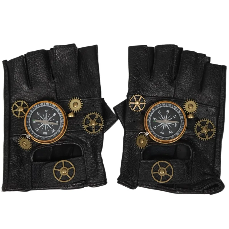 Steampunk Pu Leather Fingerless Compass Gloves Men Women Fashion Hip Hop Punk Gloves Half Finger Gloves Cosplay Accessories