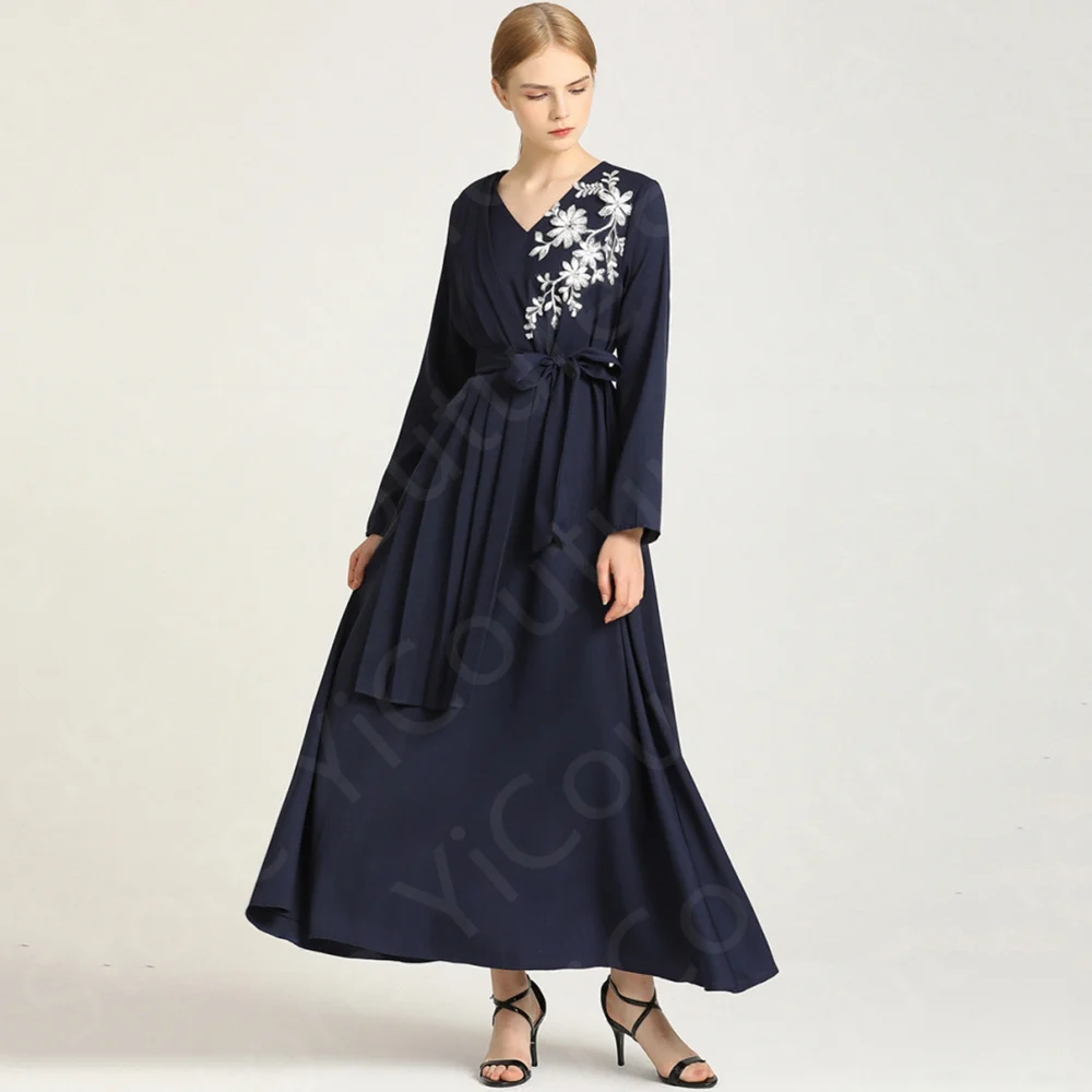 

Latest Arrival Muslim Dress Navy Blue Prom Arabic Dresses Long Sleeves Evening Gown V Neck Bow Belt Wedding Party Dress Applique