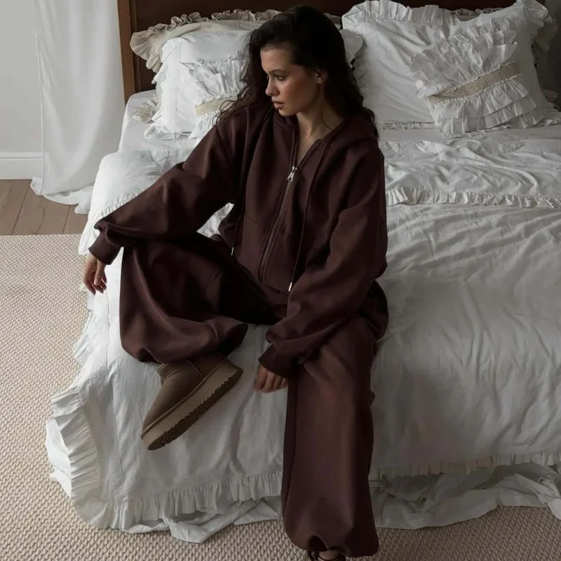 

Fashion Style Women Clothing Casual Hooded Sports Cardigan Trousers Two-piece Sets Spring Autumn Solid Color Personalized Street