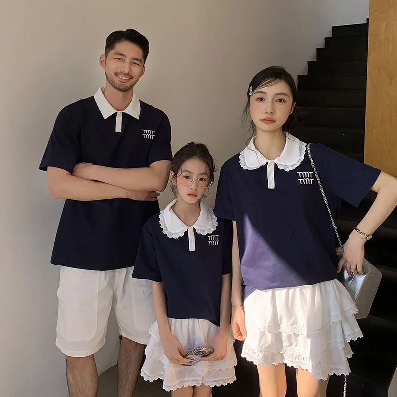 2026 Family Matching Outfits Mommy And Me Preppy Style Polo Tops Skirt Sets Vacation Casual Wear For Family