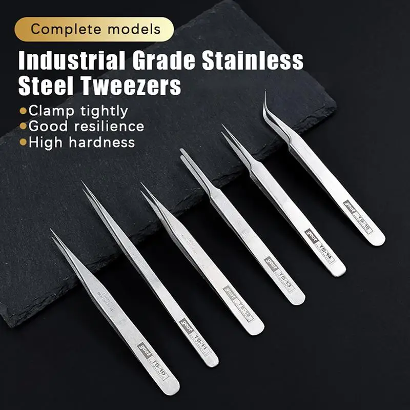 6 Piece Stainless Steel Tweezers Set Bent and Straight Tweezers for Fine Crafts Accurate Tool Kit for Model Paint and