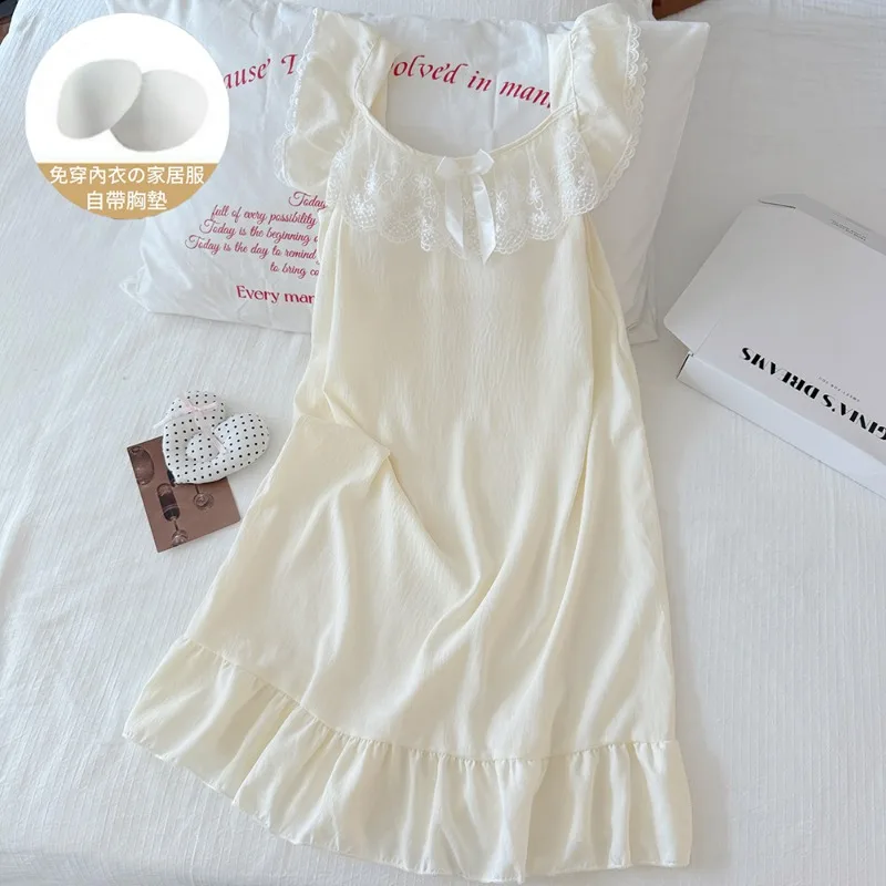 New Women Summer Sleeveless Nightgown Chest Pads Girl Lace Casual Homewear Student Wearable At Home Ladies Casual Sleepwear Lady