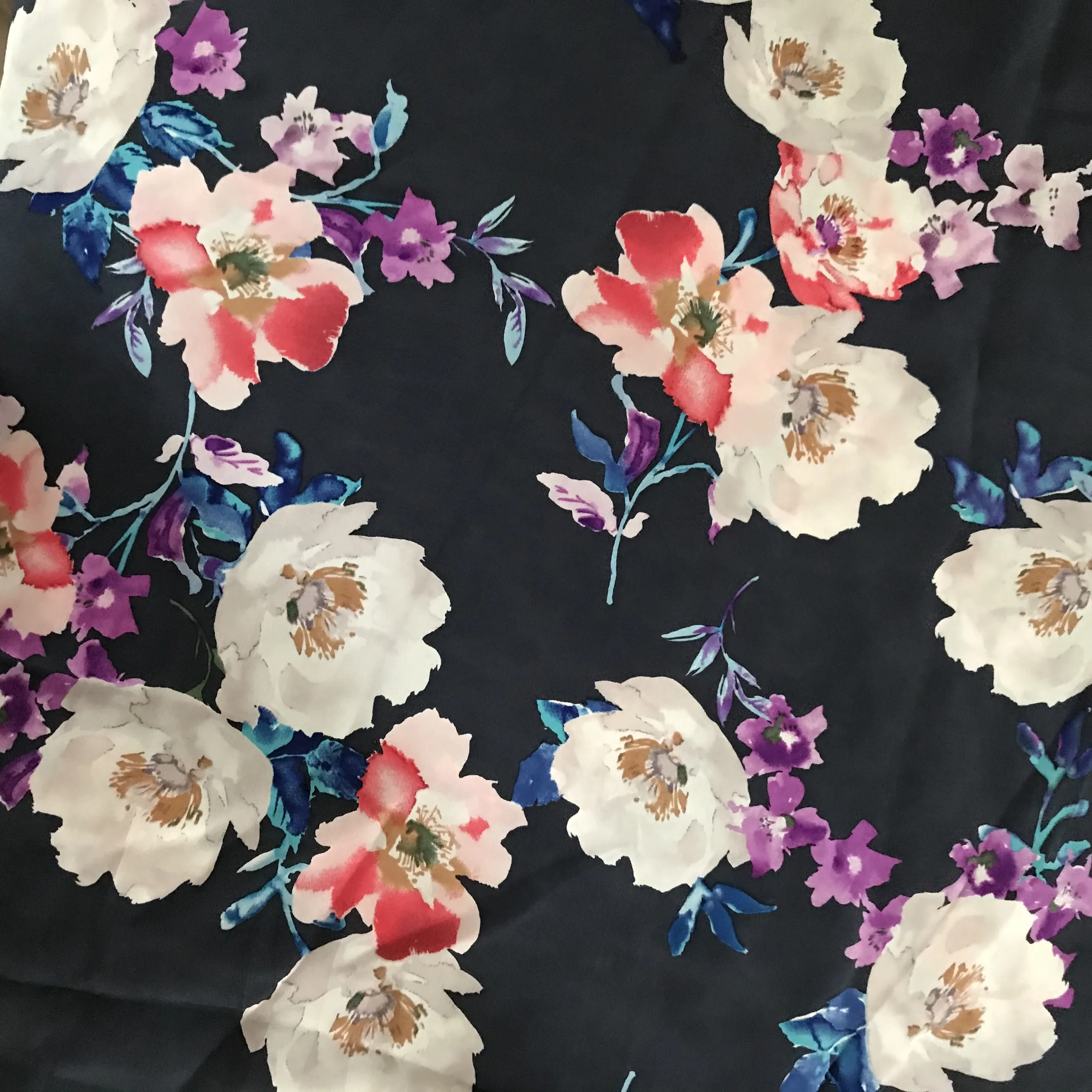 1 meter 100% Mulberry Silk 17 momme Crepe Silk Fabric Navy Blue Floral Red Flower Printed 114cm 55" wide by the yard XX081