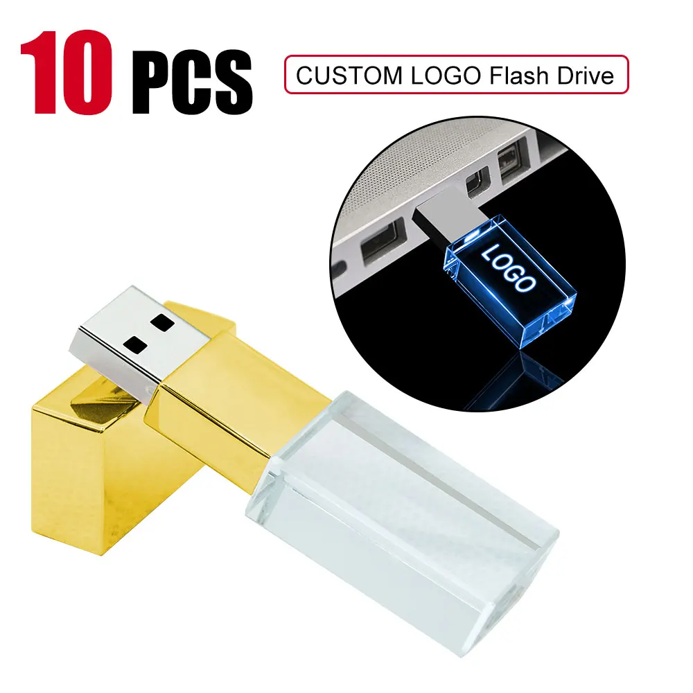 

10pcs/lot LED Crystal Customize logo USB Flash drives Pen Drive Custom Logo USB 2.0 4GB 16GB 32GB 64GB Wedding Gift Pendrive