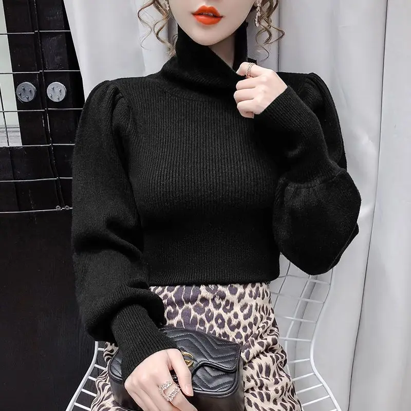 Autumn and Winter Women's Pullover Turtleneck Patchwork Screw Thread Solid Underlay Fashion Casual Commuter Long Sleeve Tops