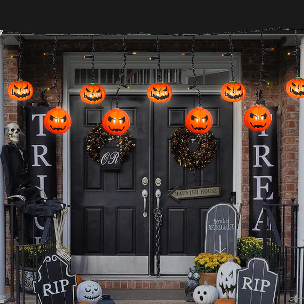 1pc LED Halloween Indoor Curtain String Lights With 10 Pumpkin and 25 Orange Mini Bulbs Ice Strip Light For Home Window Decor