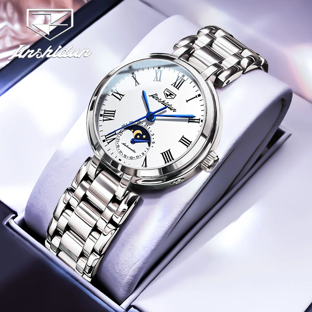 JSDUN 8981 Luxury Elegant Women's Mechanical Watch Classic Waterproof Roman Scale Automatic Women Moonphase Watch Dress Watch