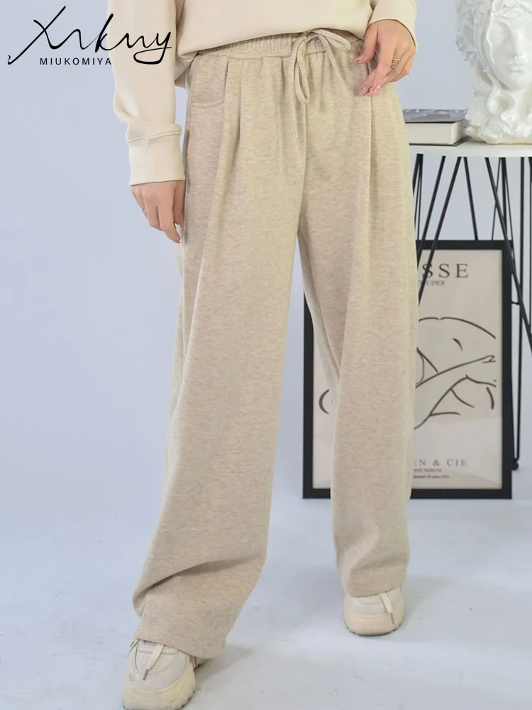 

MiuKoMiYa, широкие зимние брюки, женские теплые брюки из плотного флиса с высокой талией, женские повседневные свободные женские бархатные широкие брюки