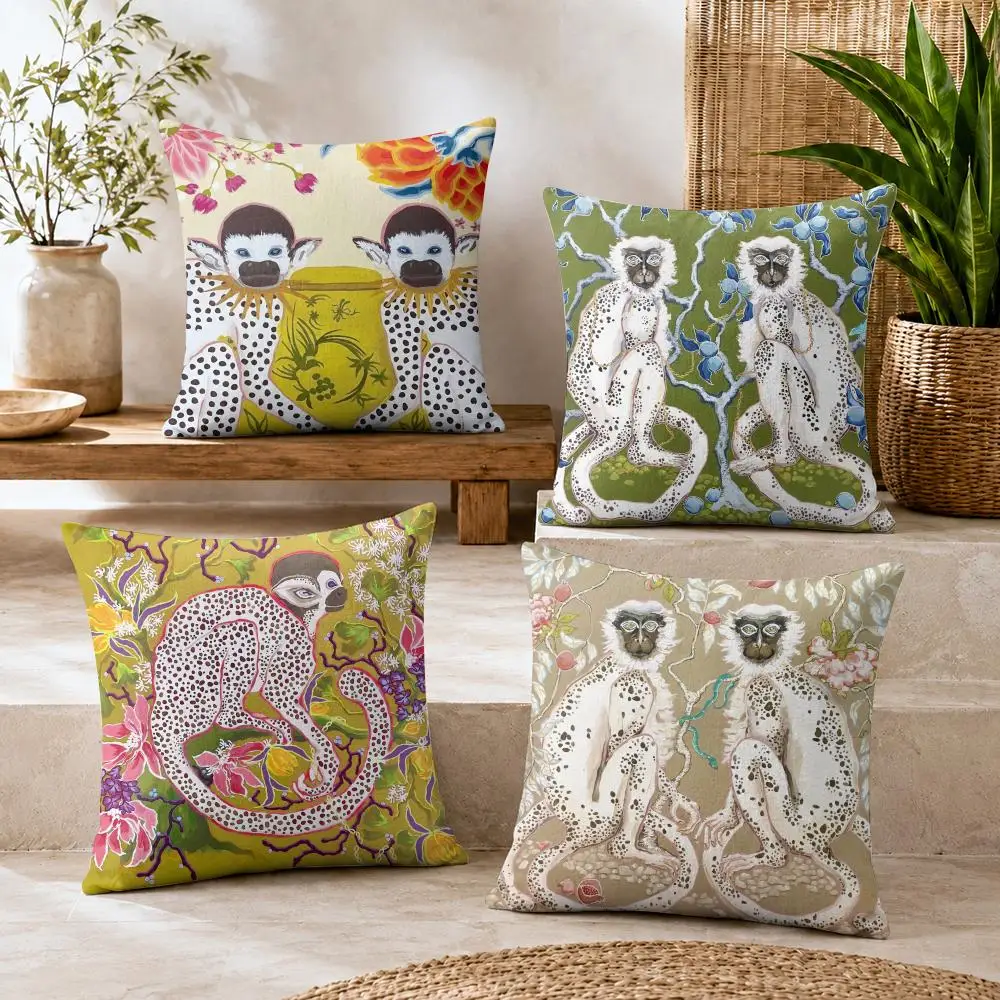 Art P-Paige Gemmel Monkey Cushion Cover Natural Linen Organic Fabric Double-Sided Printing Breathable For Decor
