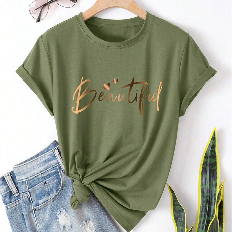 

Summer Women's Fashion Letter Print T Shirt Womens Solid Color Round Neck Short Sleeve T Shirt Loose Breathable Short Sleeve Top