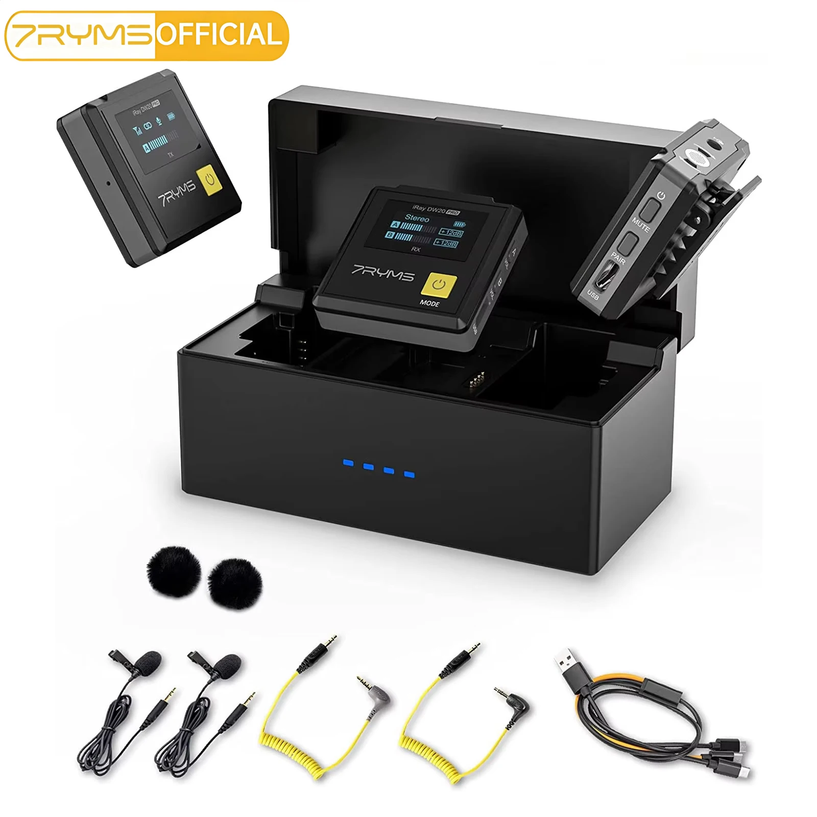 7RYMS iRay DW20 PRO Wireless Lapel Microphone With Charging Case for Dslr Camera iPhone Android Smartphone Youtube Recording