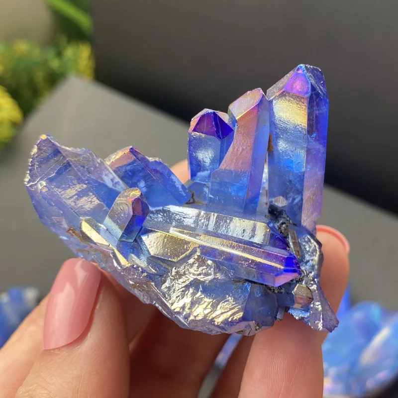 Natural Blue Angel Aura Quartz Crystal Cluster Stone Electroplating Titanium Specimens Cured  Coating Healing Crystals Home Deco