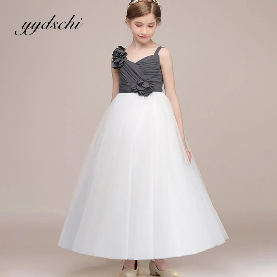 

A-Line Flower Girl Dresses Wedding Pleat Grey White Tulle Appliques Simple Sleeveless First Communion Dress for Kids Party Dance