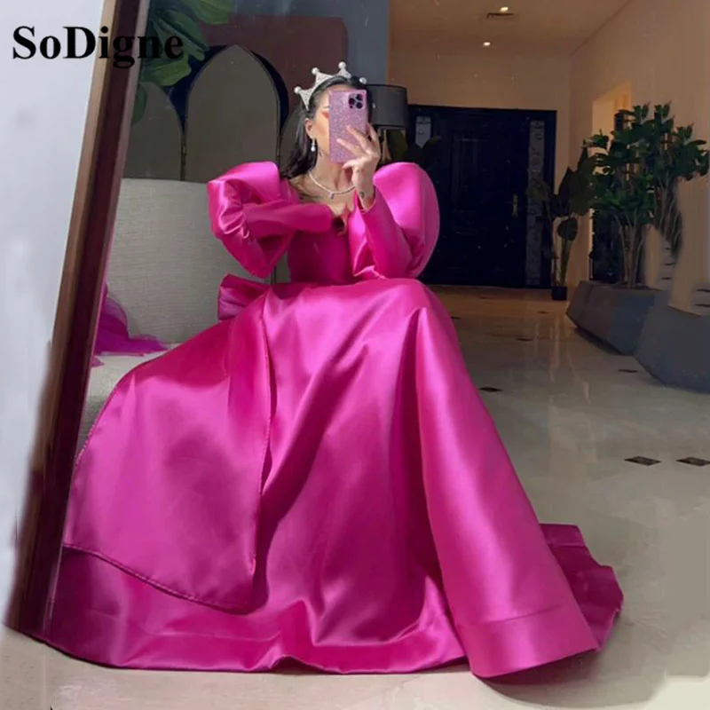 

SoDigne Fuchsia Satin Arabic Prom Dresses 2023 Long Puff Sleeves Evening Dress Dubai Formal Women Prom Party Gowns