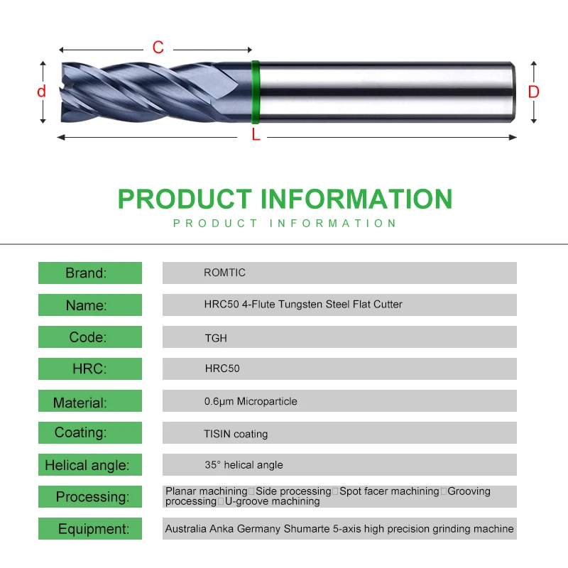 ROMTIC TGH-HRC50 4-Flute Nano Coating Tungsten Steel Carbide Milling Cutter For CNC Mechanical Machining Flat End Mill Tools