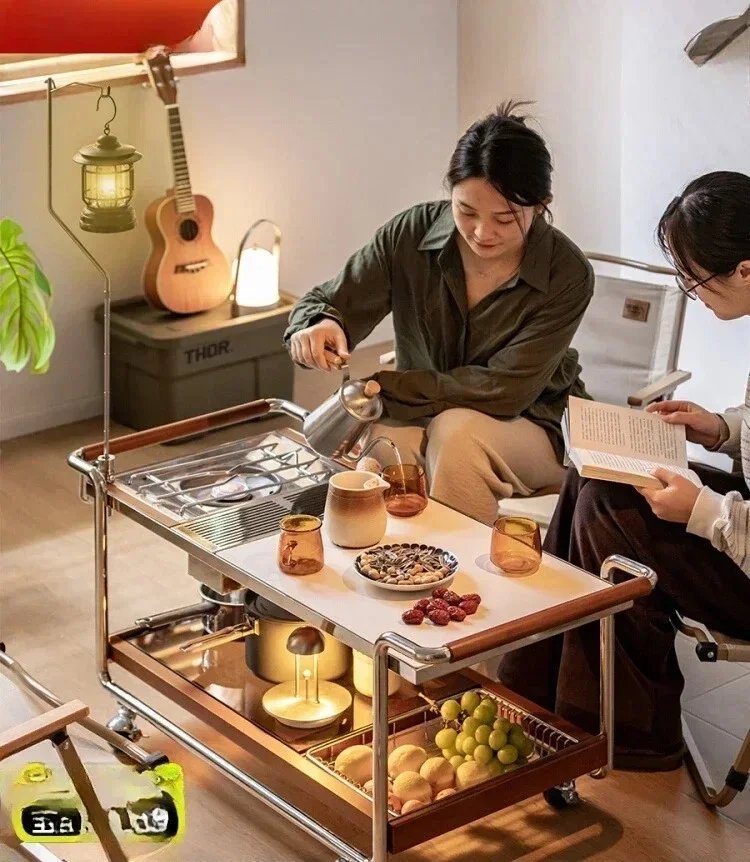 A  Solid wood coffee table household balcony surrounding stove to make tea, tea cabinet e rock slab tea table