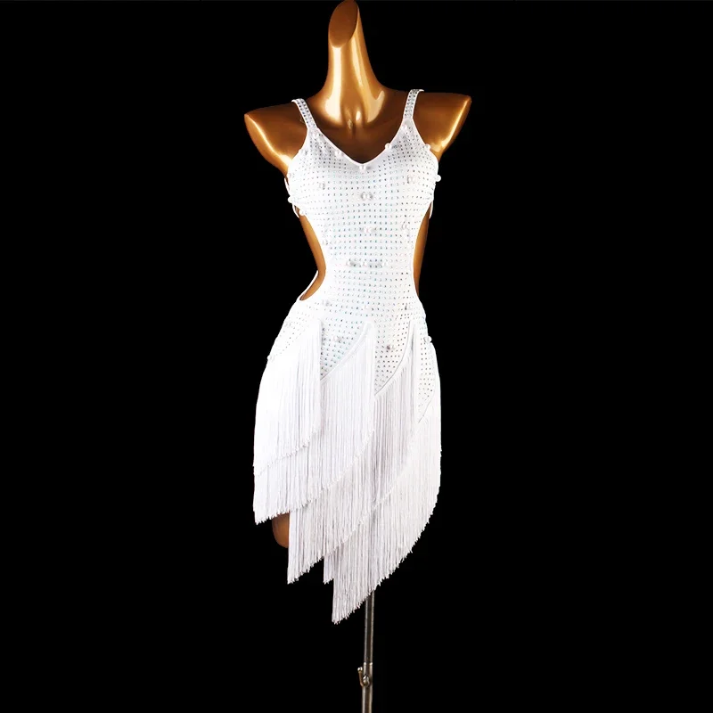 

White Sexy Latin Dance Competition Dress For Women Tassel Rumba Salsa Chacha Dance Costumes