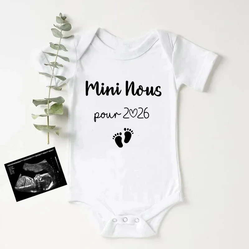Mini Nous in 2026 Printed Baby Romper Cotton Pregnancy Announcement Clothes Newborn Short Sleeve Bodysuit Toddler Jumpsuit