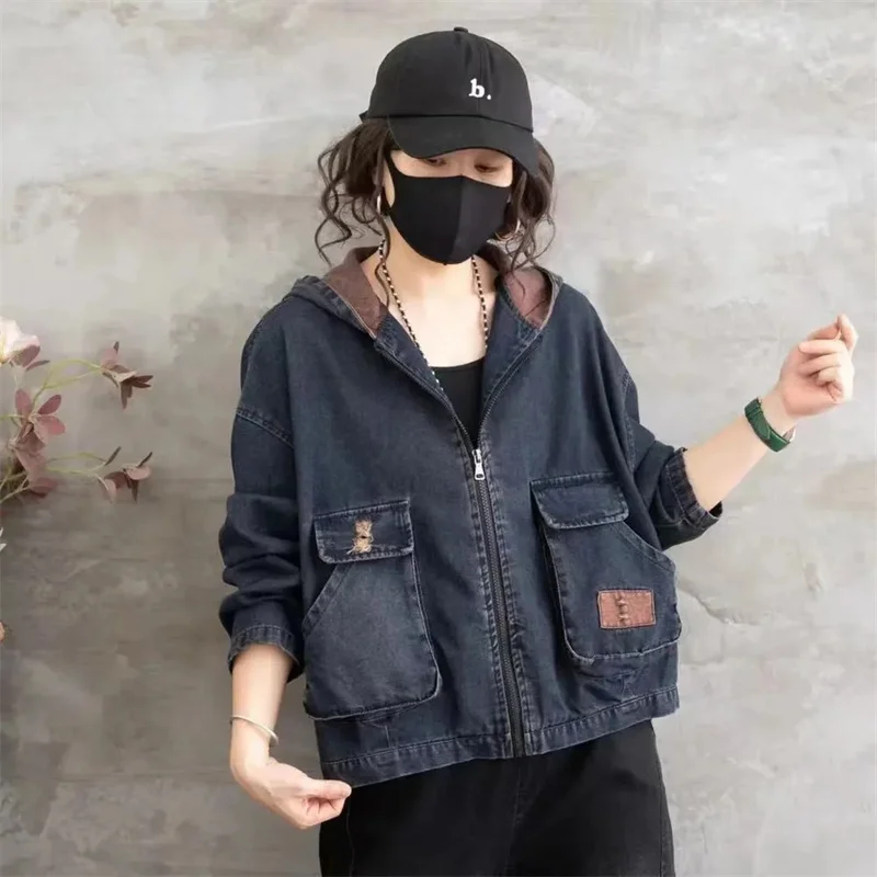 Women's Outerwear 2024 Summer Retro Hooded Denim Jacket for Women's Fashion Short top For Outerwear Fashionable Loose Cardigan