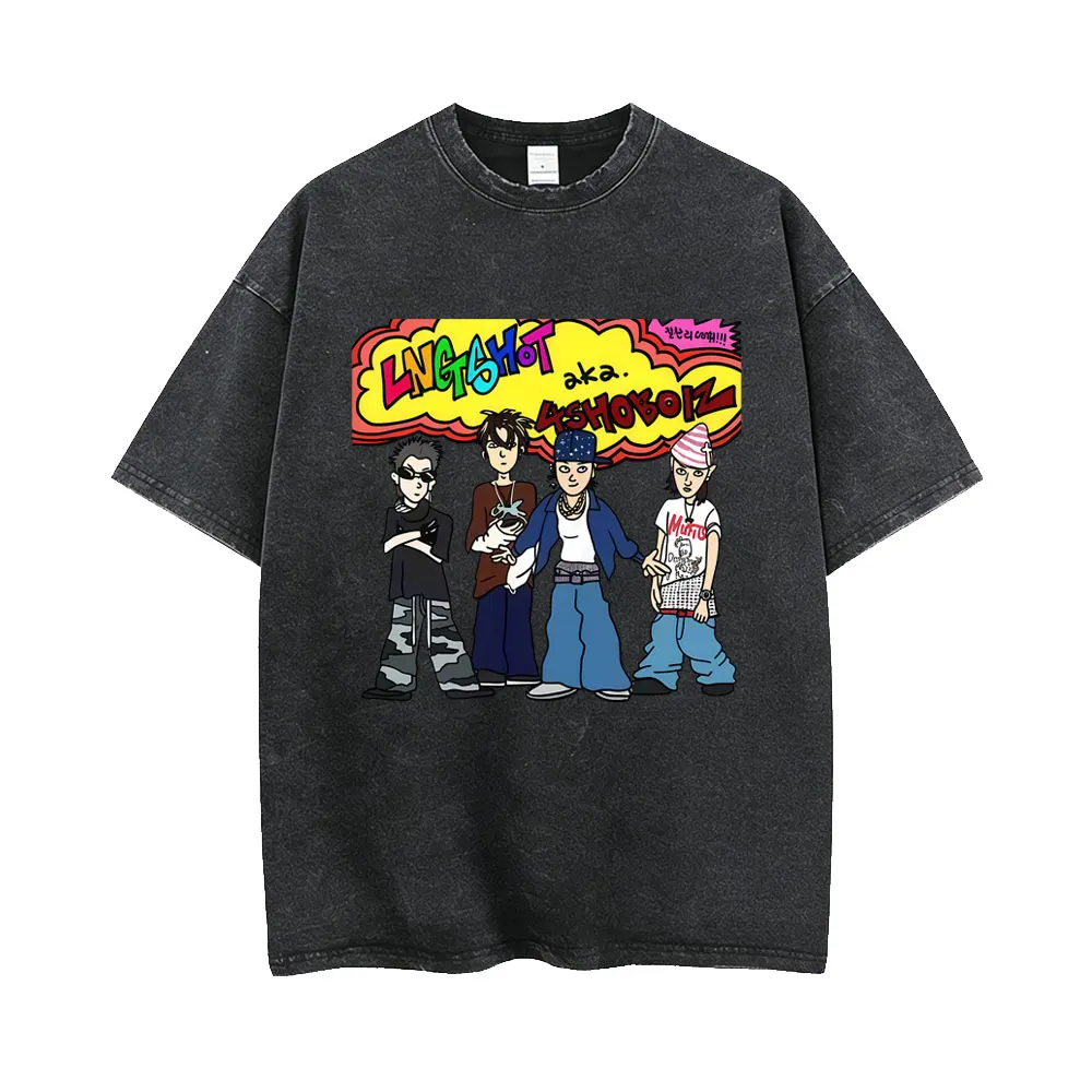 Washed Vintage Korean Band Lngshot 4SHOBOIZ Cartoon Funny Graphic T-shirt Men Women Hip Hop Fashion Oversized T Shirt Streetwear