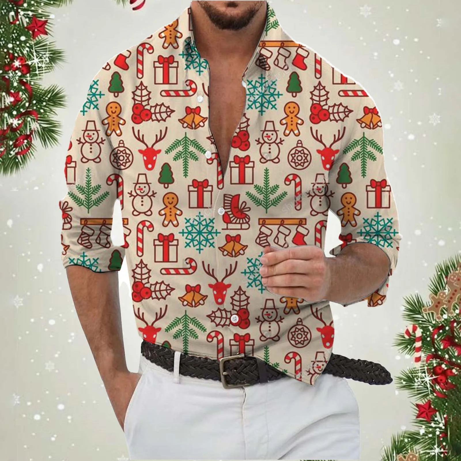 Christmas Long Sleeve Shirt Lapel Men\'s Button Up Shirt 2024 Autumn Christmas Snowman 3D Printed Men\'s Casual Party Holiday Tops