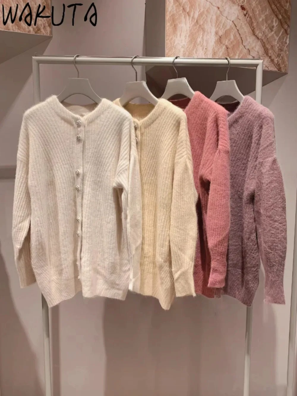 Wakuta O Neck Lantern Sleeve Sweet Casual Sweaters Single Breasted Stripe Mid-length Jumper Japan Knit All-match Cardigan