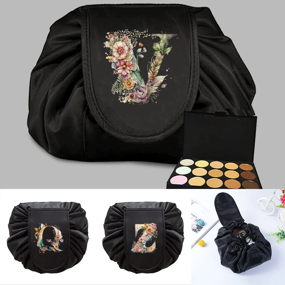 

Women Makeup Bag Organizer Cosmetic Storage Bags Portable Lazy Drawstring Make Up Case Floral Letter Pattarn Print