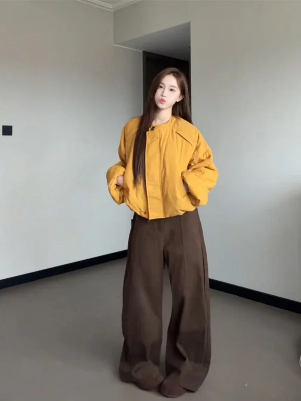 

Модная женская короткая хлопковая куртка с круглым вырезом и пышными рукавами, новый корейский стиль, свободный крой, теплая верхняя одежда, трендовая зимняя куртка