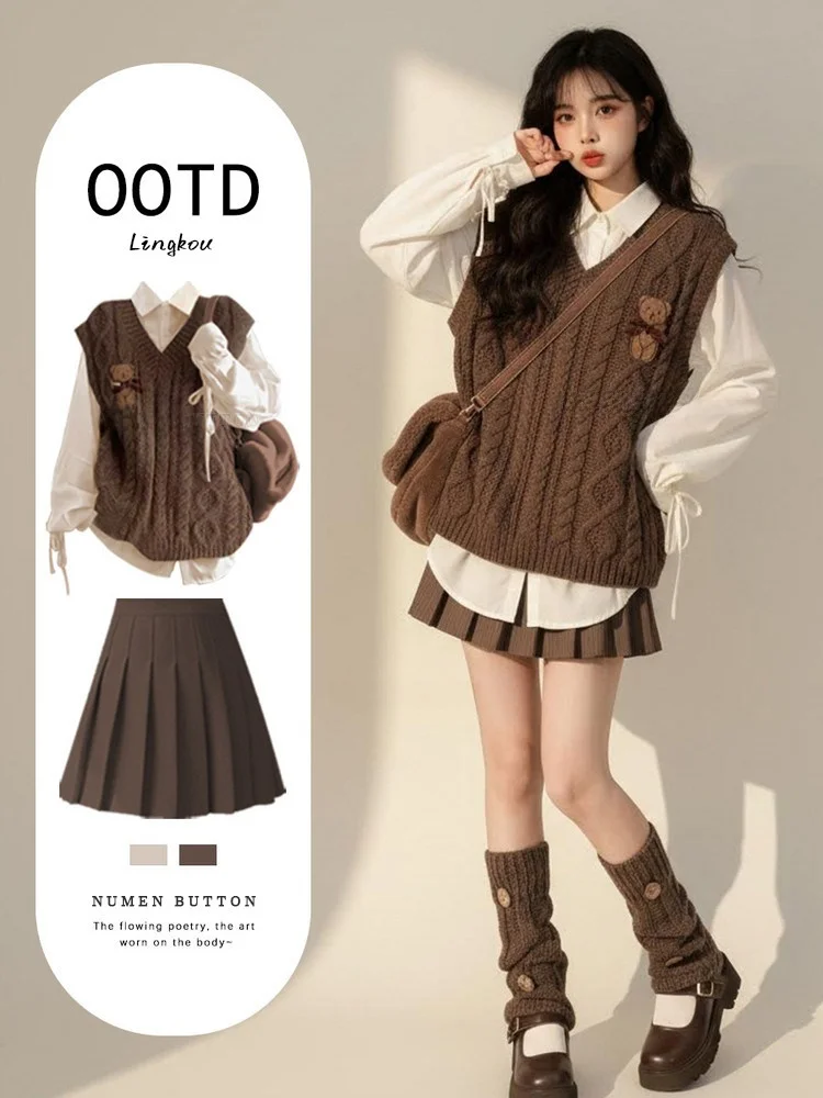 

Комплект из вязаного жилета большого размера и плиссированной юбки для женщин: осенне-зимний, винтажный, омолаживающий, модный