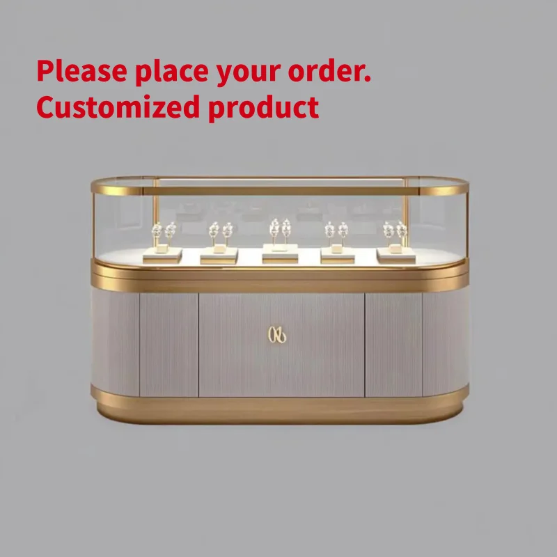 custom.Custom Embossed Curved Oval Jewelry Display Cabinet Champagne Gold Trim Vertical Fluted Panel Base Tempered Glass