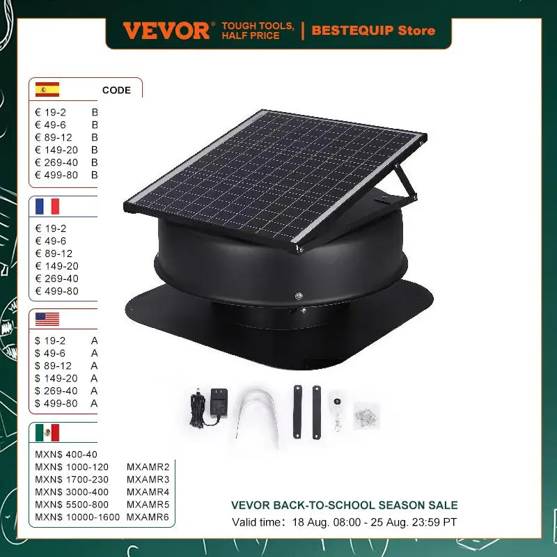 VEVOR Solar Attic Fan 40 W 1230 CFM Large Air Flow Solar Roof Vent Low Noise and Weatherproof with 110V Smart Adapter for Home