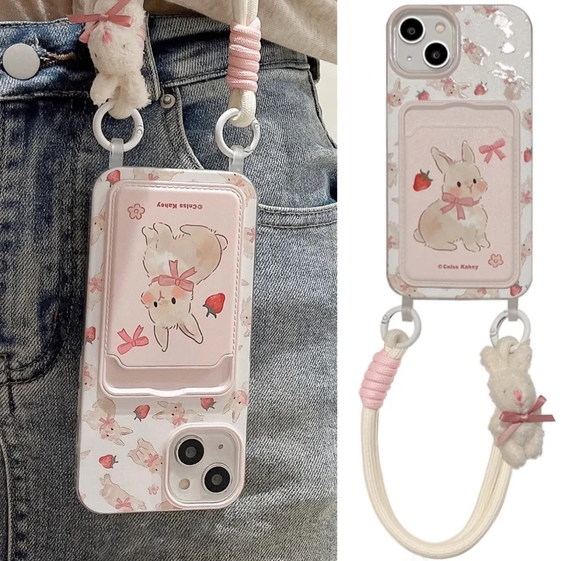 Cute Strawberry Rabbit Card Bag Hanging Rope Phone Case  For iPhone 15 14 Plus X XS XR 11 12 13 Pro Max Silicone Cases Cover