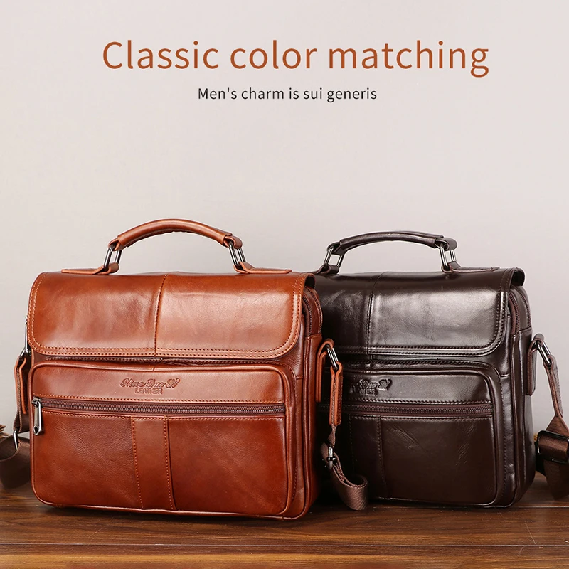 Genuine Leather Briefcase for Man Vintage Luxury Handbag Cowhide Tote Shoulder Ipad Business Messenger Crossbody Side Cross Bag