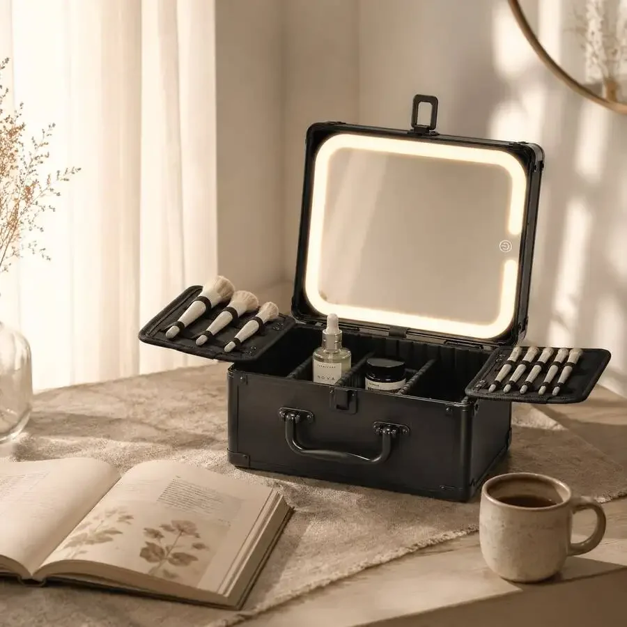 

Makeup Case With A Detachable Lighted Mirror, 3 In 1 Travel Makeup Bag With 2 Brush Storage Boards, Makeup Box With Adjustable D