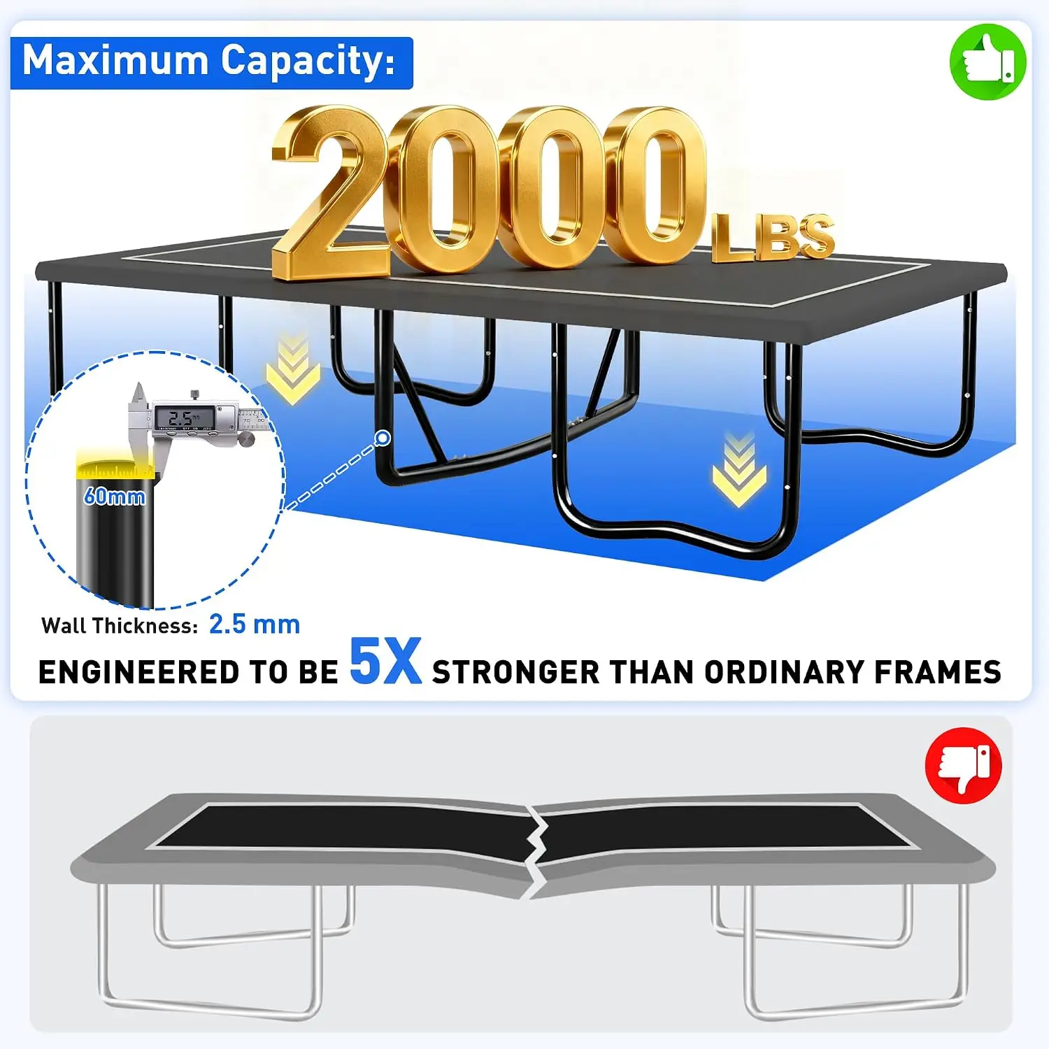Rectangle Trampoline Outdoor [2000LBS & Thick Extra Support Legs & Upgraded Curved Poles] Rectangular Square Long, Customized