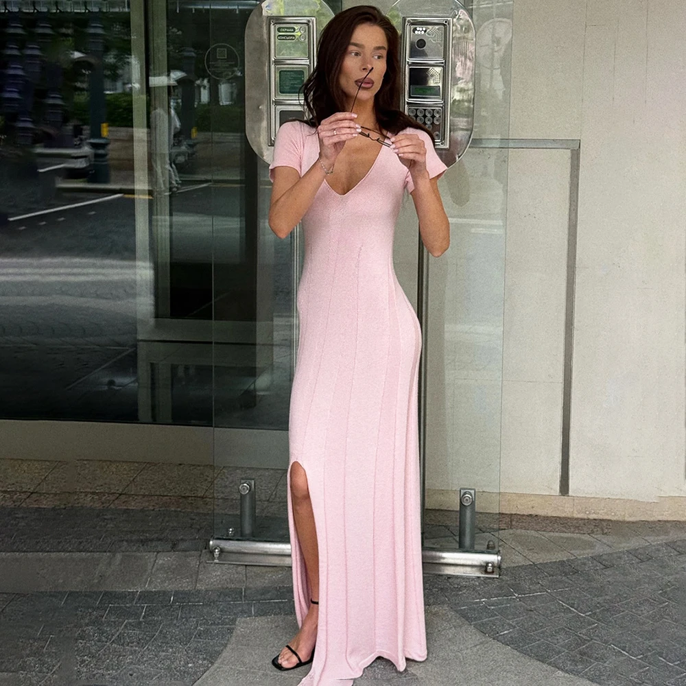 Ticketsx V-Neck Split Knit Dress Women's Summer Solid Ruched Patchwork Slim Long Dress Elegant Female Vacation Streetwear Dress