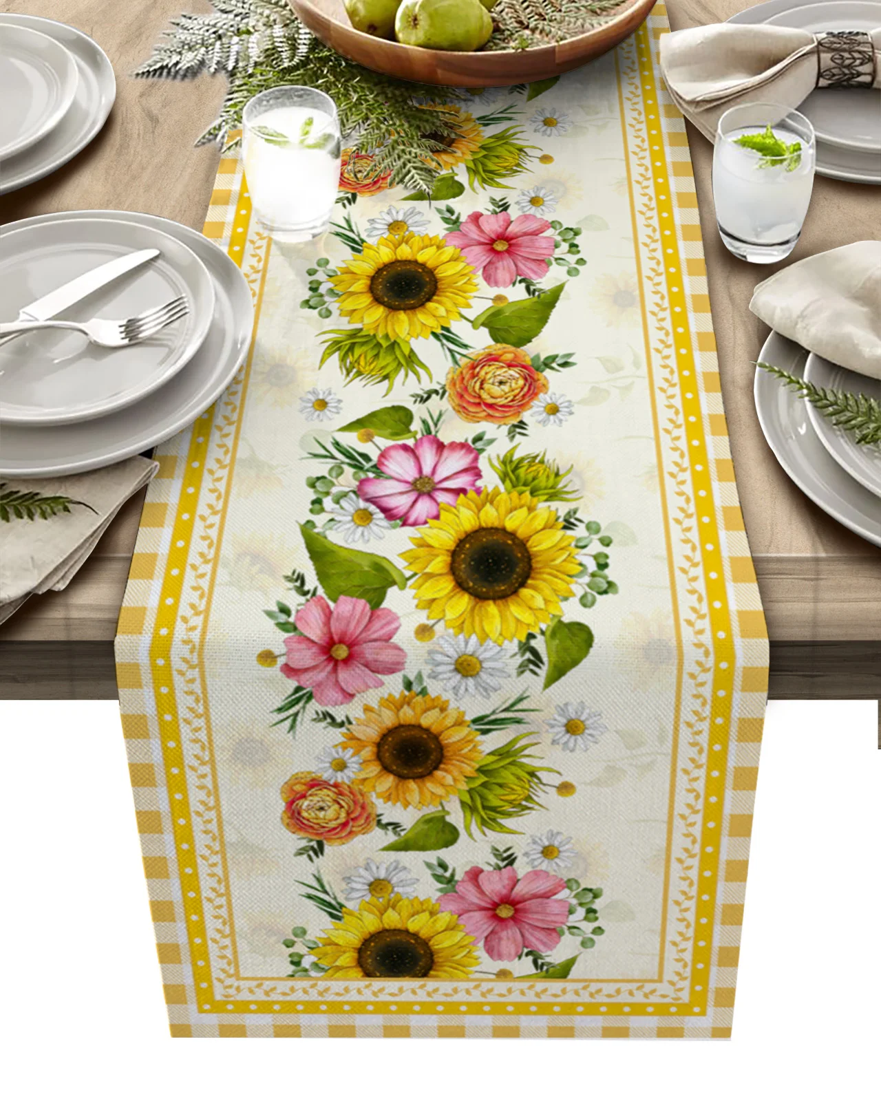 

Pastoral Sunflower Plaid Linen Table Runners Kitchen Table Decoration Accessories Dining Table Runner Wedding Party Supplies