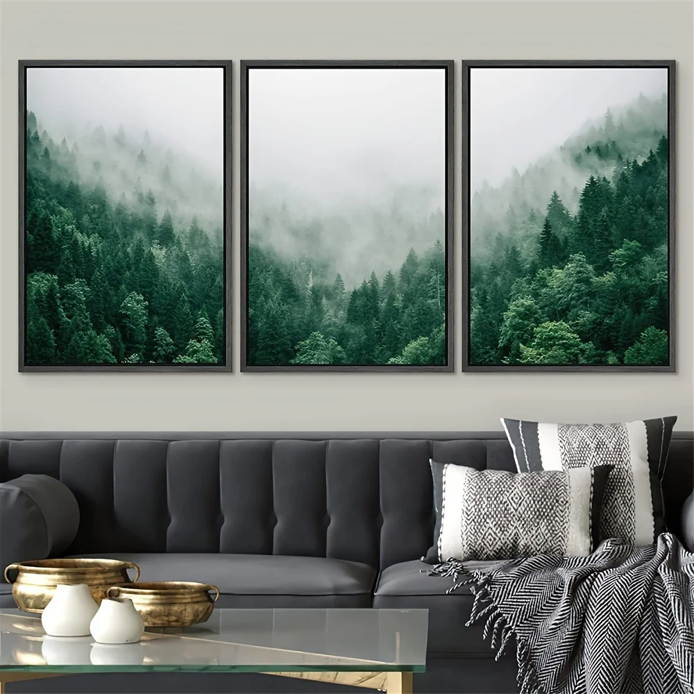 3 Pieces Misty Forest Mountain Canvas Wall Art Green Woodland Landscape Print For Living Room Decor