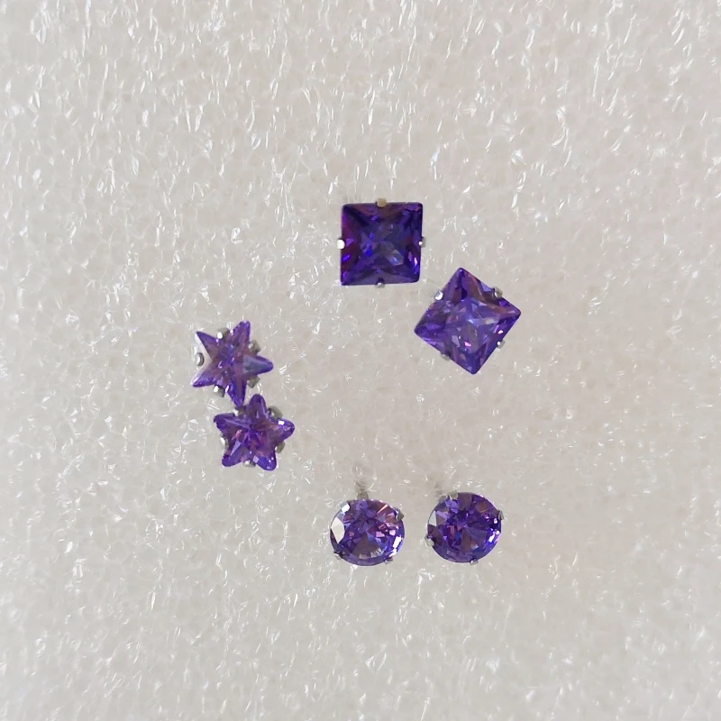 3 Pcs Lot PurpleAAA ZirconsCrystal Round Star Square Brief Stud Earrings 316L Stainless Steel IP Planting No Fade Anti Allergy