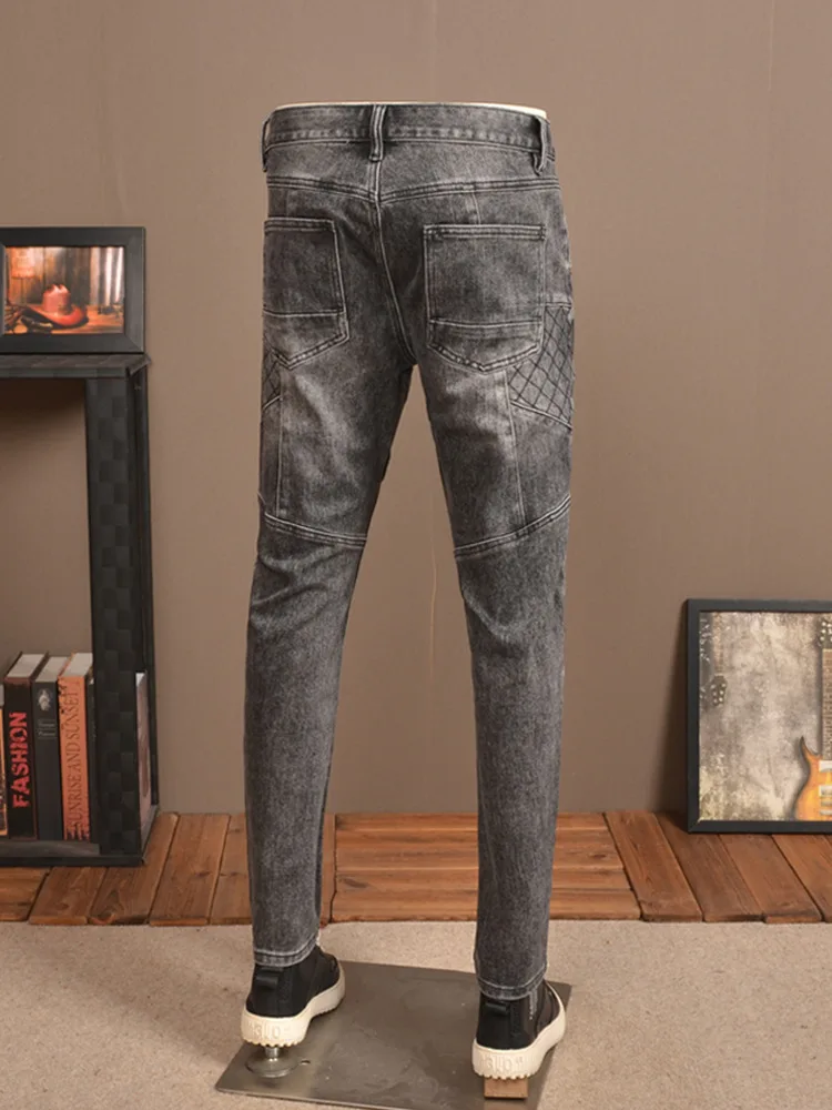 2024 New Spring Ripped Jeans Men's Stretch Skinny Fashion Retro Distressed Stitching Motorcycle Trousers