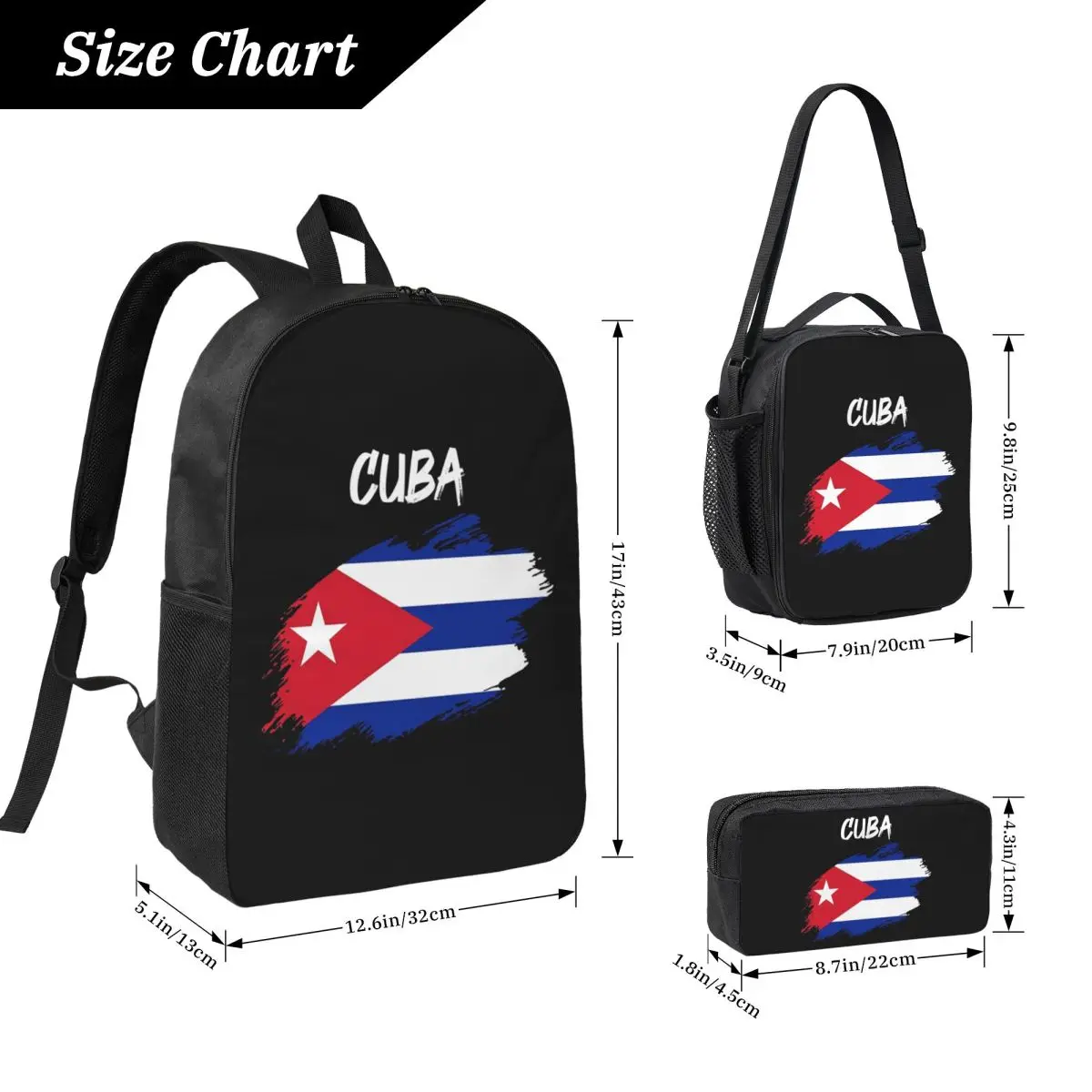 Flag Of Cuba Cuban Patriotic Backpack Student BookBag School Bag Computer Shoulder Bags 3ps Insulated Lunch Bag Pencil Case