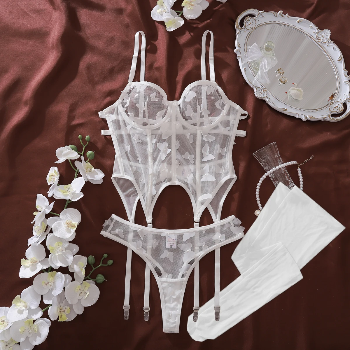 New Fashionable Three piece Butterfly Decorative Mesh Transparent Hollow Back Shaping Sexy Underwear Split Set