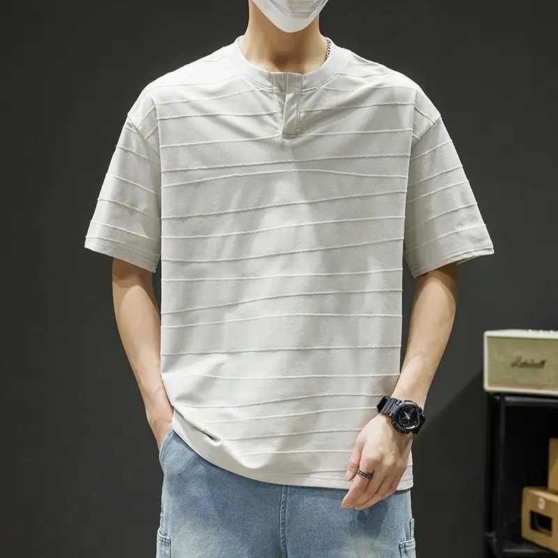 Men's Horizontal Stripe Textured Short Sleeve T Shirt Crew Neck Loose Fit Casual Streetwear Tops