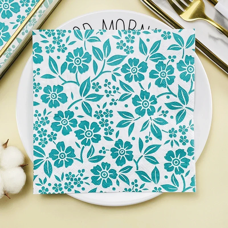 20pcs/Pac Printed Napkins Restaurant Desktop Table Setting Paper Placemats Green Fresh Flower Pattern Coloured Paper Napkins