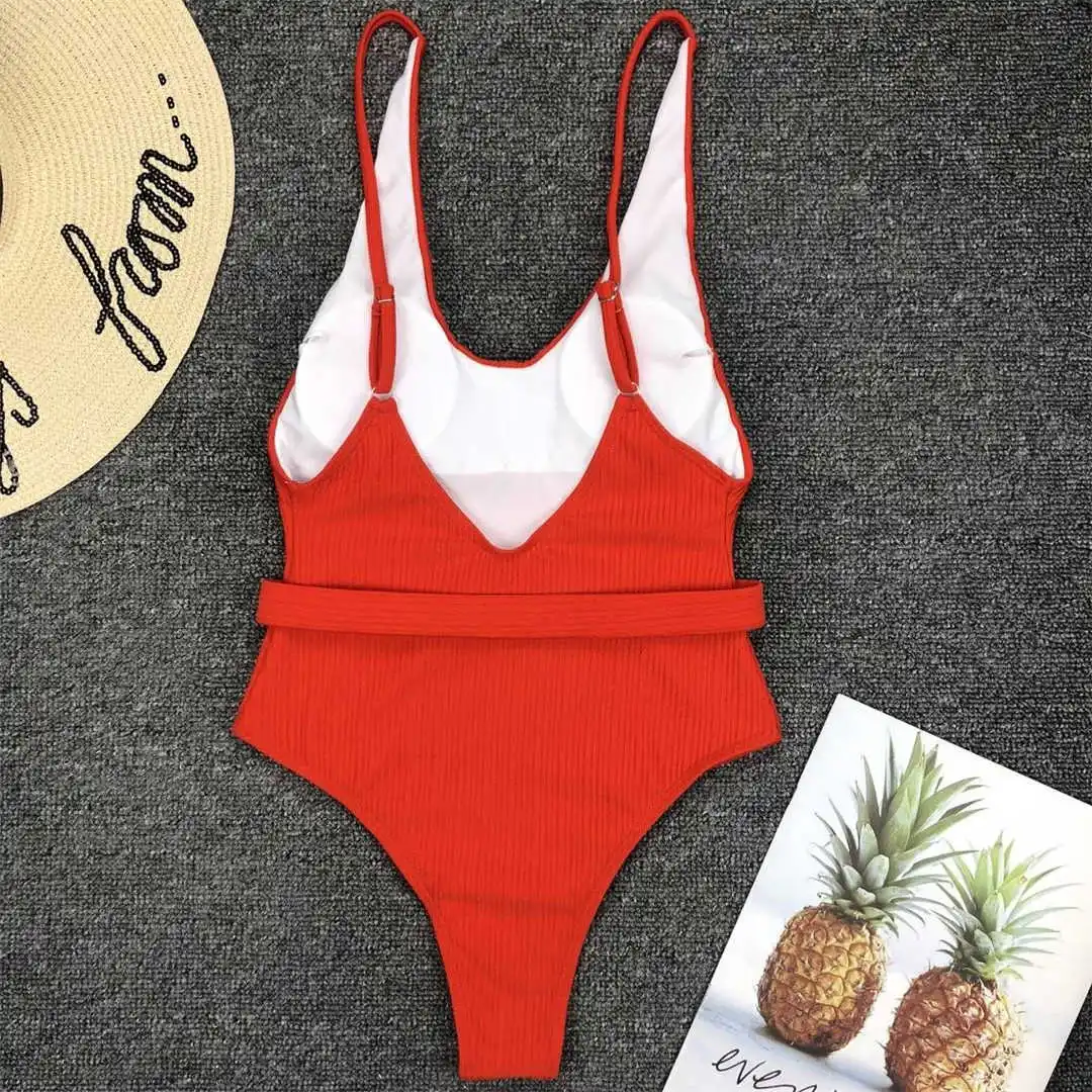 6 Farben, sexy Damen-Badeanzug, gerippt, mit hohem Beinausschnitt, einteiliger Badeanzug für Damen, mit Gürtel, Badebekleidung, Monokini, Damenmodell V1159SW. – Detail 40
